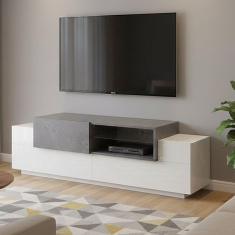 Meuble TV, Buffet bas de salon, Base pour meuble TV, 160x45h51 cm, Blanc brillant et ardoise (1/5)