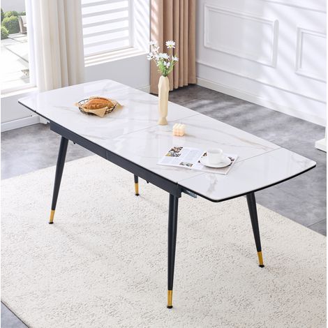 Mesa de comedor extensible (200x80x76 cm), sobre efecto mármol, estructura metálica, piedra sinterizada blanca (1/5)