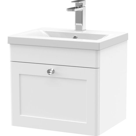 Swynnerton Traditional 1 Drawer Wall Hung Vanity Unit with Mid-Edge Basin, Satin White, 500mm