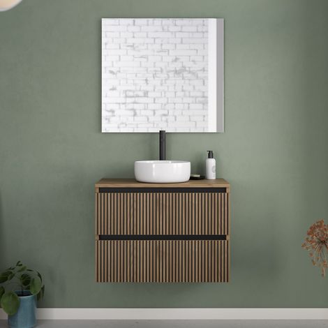Meuble de salle de bain 60cm avec plateau et vasque à poser ronde - 2 tiroirs - noyer (bois foncé) - VENERIA