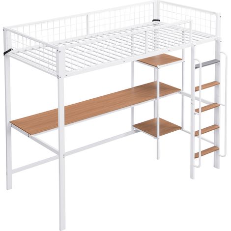 Etagenbett aus Metall und MDF mit Schreibtisch und Regalen 90 x 200 cm, weiß und natur (1/5)
