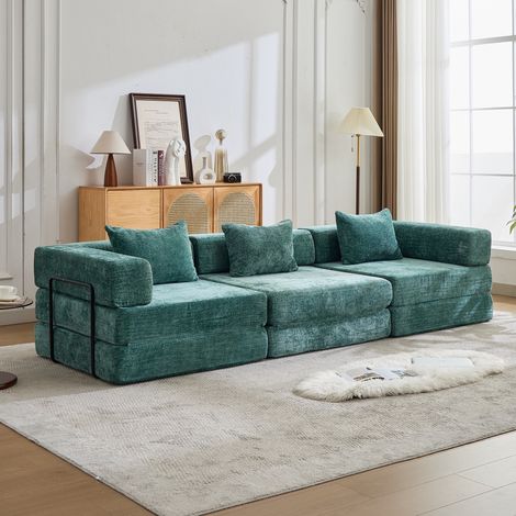Modulares Schlafsofa, klappbares Bodensofa und Gästebett ohne Gestell, hochdichter Schaumstoff und Chenille-Bezug, 3-Sitzer, 300 cm, Dunkelgrün (1/5)
