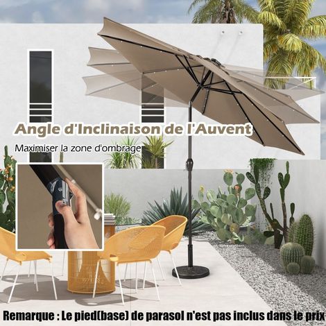 Parasol déporté rond marron Ø 3 m en polyester avec éclairage LED solaire et manivelle, pour jardin, terrasse et piscine (1/5)