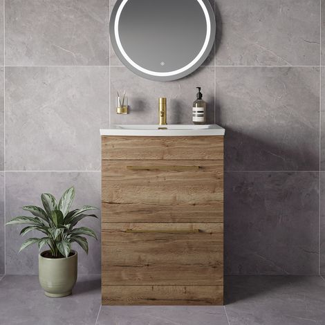 Napoli 390 Tobacco Oak 600mm 2 Drawer Vanity Unit with Arc Basin - 600mm - Brushed Brass 320mm Handle