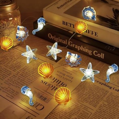 Lumière féerique animaux marins, 2M 20LED guirlande océan coquillage, hippocampe, étoile de mer, à piles, décoration chambre enfant, arbre, aquarium