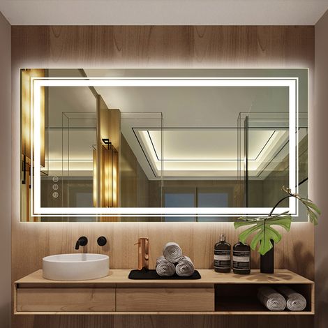 Luvodi – Miroir lumineux de salle de bain 80 x 60 cm – Mural LED avec doubles bandes anti-buée – Interrupteur tactile – Éclairage 3000K-6000K