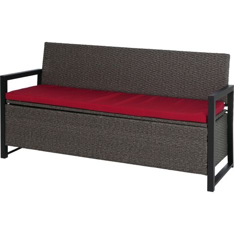 [NEUWERTIG] Poly-Rattan 3er Sitzbank HHG-596, Gartenbank Truhenbank, Staufach Aufbewahrung Sitzkissen grau, Kissen bordeaux