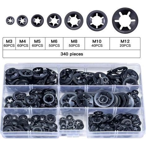 340 Pcs Rondelles de Blocage Rondelles de Verrouillage, Rondelles À Verrouillage Rapide de Rondelles de Verrouillage en Acier M3 M4 M5 M6 M8 M10 M12, 7Tailles, Noir (1/5)