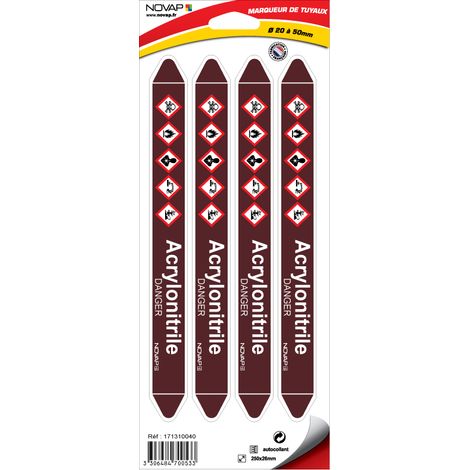 Planche de 4 marqueurs de tuyauterie 250 x 26 mm pour Ø 20 à 50 mm - Acrylonitrile - 4700533