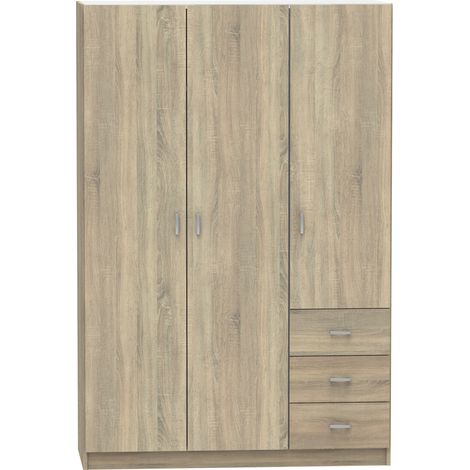 Armario ropero 3 puertas abatibles y 3 cajones Turin acabado roble, 180 cm(ancho)120 cm(ancho)50 cm(fondo)