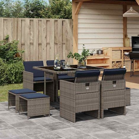 vidaXL Conjunto de comedor de jardín de 9 piezas con cojines, poliratán gris (1/5)