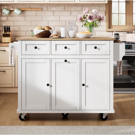 Isola da cucina 112x46.2x92.7 cm bianco e naturale in MDF con piano estraibile e ruote (1/5)