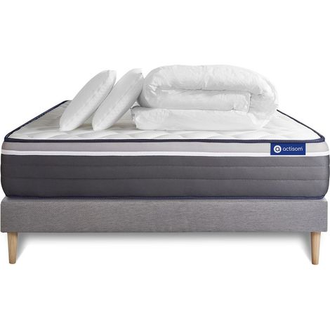 Komplettpaket Bett - Matratze 160x200 cm + Boxspringbett mit Lattenrost (im Set) + 2 Kopfkissen + Bettdecke - Actilatex Plus