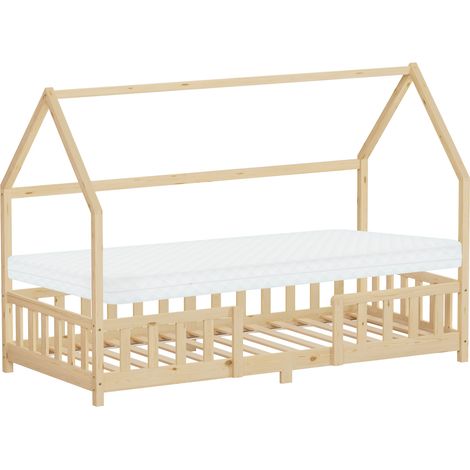 ML-Design Kinderbett Hausbett 90x200 cm mit Matratze H:10cm, Rausfallschutz, Dach & Lattenrost, Natur, Bettgestell aus Kiefernholz, Montessori Bodenbett, Jugendbett Holzbett, Bett für Mädchen & Jungen