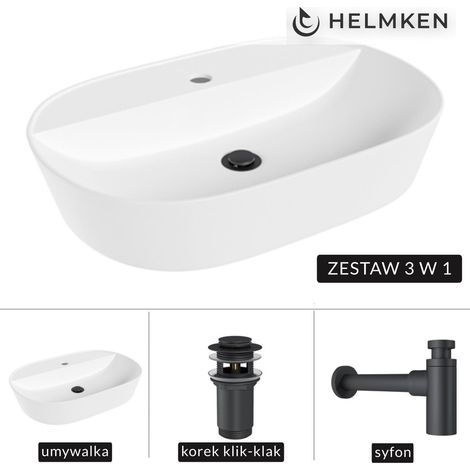 Helmken 46060000 (60x40) Aufsatzwaschbecken, weiß + Siphon, matt schwarz + Klick-Klack-Verschluss, matt schwarz (1/5)