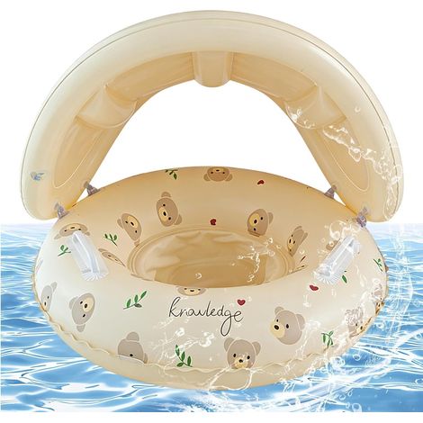 Bouee Bebe Flottant avec Parasol,Bouee Bebe avec Pare So-LEIL Anti UV,55x52cm Bouees Bebes avec Pare So-LEIL Beige, Flotteur De Natation Gonflable pour Bébé avec Support Inférieur pour Bébé De 6 À 24 (1/5)