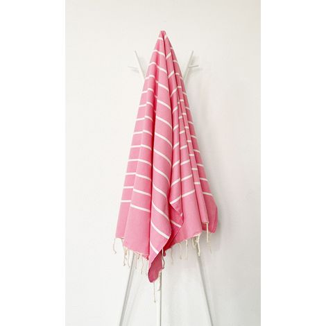 Fouta 100x200 Ibiza Rose Rayures Blanches - 100% coton - franges