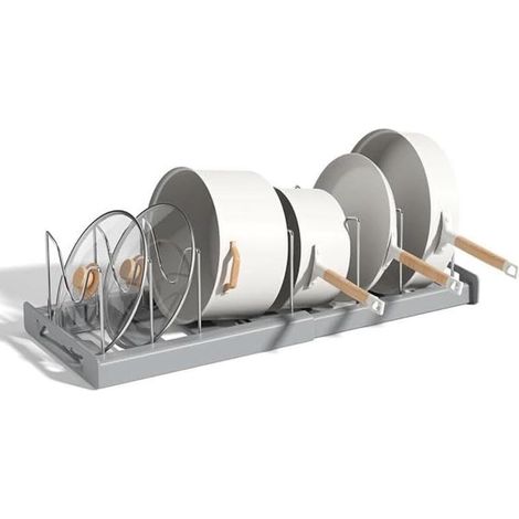 Organizador extensible para ollas y sartenes, organizadores para tapas de sartenes, divisores ajustables de acero inoxidable, color gris. (1/5)