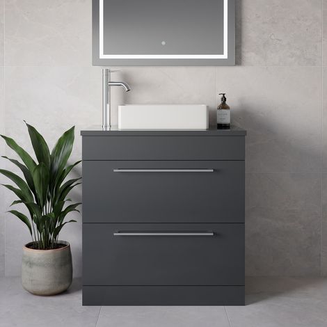 Napoli 390 Gloss Grey 800mm 2 Drawer Vanity Unit for Countertop Basins - 800mm - Chrome 480mm Handle