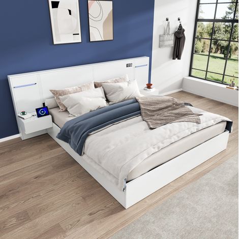 Bett 160x200 cm aus weißem MDF, mit Lattenrost, USB-A/C, Bluetooth, Uhr und 2 Nachttischen (1/5)