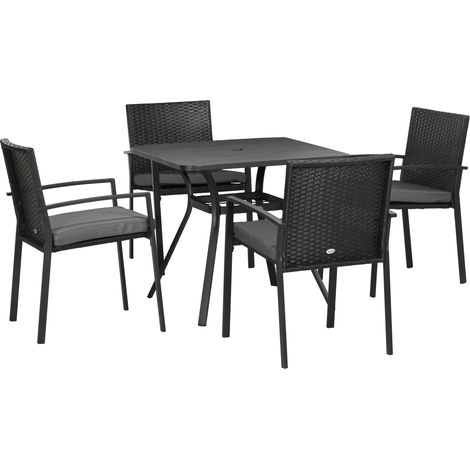 Five-Piece Garden Dining Set, with Rattan Seat Chairs Cushions - Black (1/5)