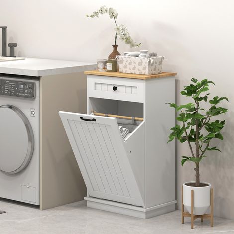 Armoire de salle de bain blanche en bois avec tiroir et panier à linge en tissu pivotant (1/5)