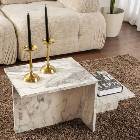Dmora - Mesa de café Varian, Mesa de centro baja, Revistero para sofá, Estante de la sala de estar, 80x40 h40 cm, Mármol (1/5)