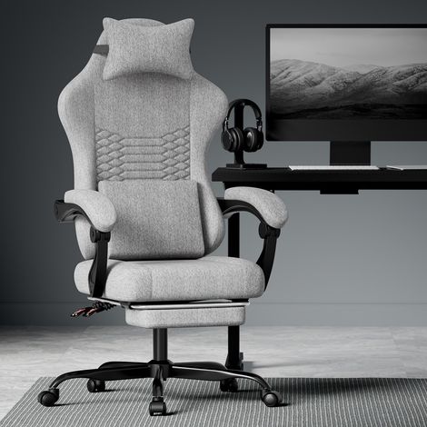 Gaming-Sessel aus Stoff mit Lendenmassage – Ergonomischer Racing-Bürostuhl – Fußstütze – max. 136 kg – Hellgrau