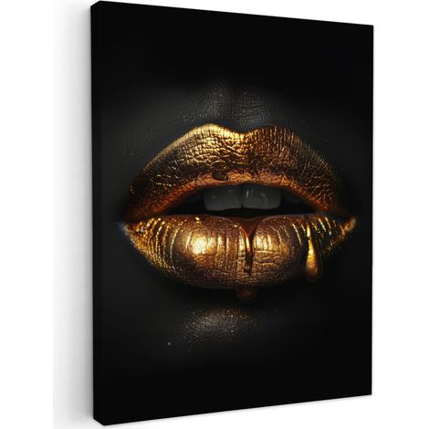 TABLEAU SUR TOILE Femme - Portrait - Lèvres - Or - Noir Tableau Moderne 30x40 cm