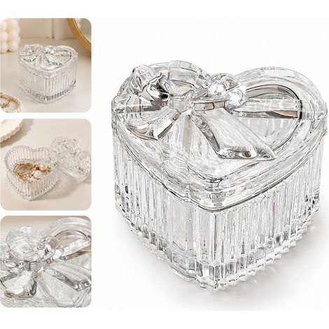 Boite a Bijoux en Verre avec Couvercle Relief et Noeud Papillon, Style Vintage, 8,6 x 9,5 x 7 cm, pour Colliers et Boucles d Oreilles (1/5)