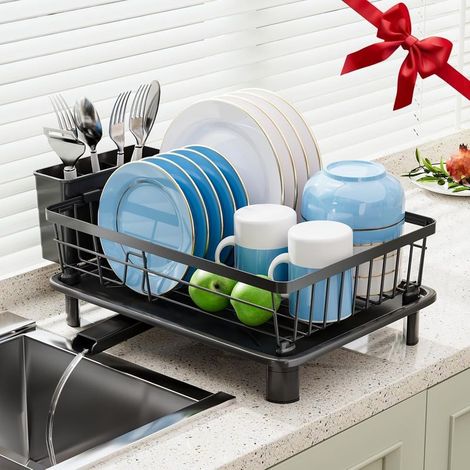 Dish Drying Rack, Stainless SteelDish Rack, Dish Racks for Kitchen Counter, Kitchen Dish Drainers with Removable Utensil Holder,New drain outlet,Plate Rack and Drainboard,(Black11" W x 15" L) (1/5)