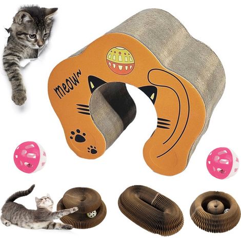 Griffoir pour chat pliable en carton ondulé avec balles jouets, centre d'activité interactif pour griffes et jeu (1/5)