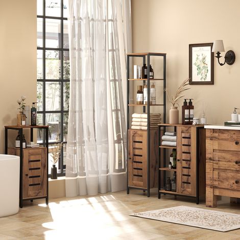 Meuble colonne de salle de bain industriel 3 étagères ouvertes porte à lamelles étagères réglables rustique marron (1/4)