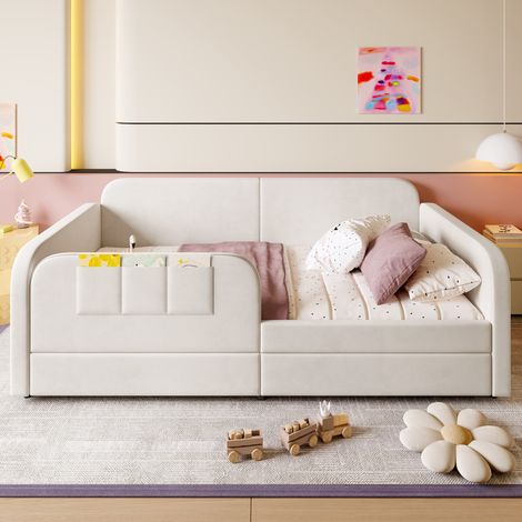 Cama infantil 90x200 cm de terciopelo blanco, con almacenaje para niños, sin colchón -FLORAGRACE (1/5)