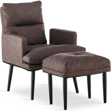 Relaxsessel mit Hocker, verstellbare Rückenlehne, Kunstleder, Hellgrau/Dunkelbraun (1/5)