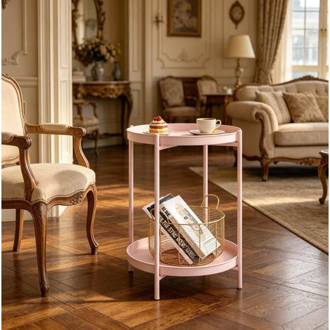 Mesa auxiliar redonda 44x44x53 cm de metal rosa con almacenaje FloraGrace (1/5)