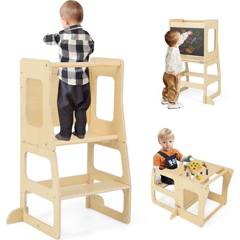 COSTWAY 3-in-1 Foldable Kitchen Standing Tower Toddlers Montessori Toddler Step Stool (1/5)