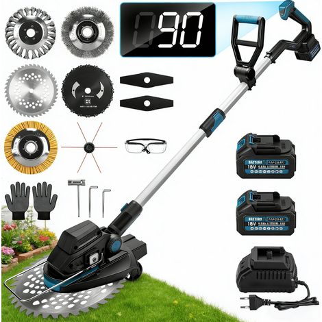 1200W Debroussailleuse Electrique Sans Fil 16800 RPM Brushless avec 2x4.0AH Batt. Réglable à 90°/100-140cm, Coupe-Bordures avec 7 Types Lames Ø250 mm, Affichage de la batterie, pour Jardin, Pelouse