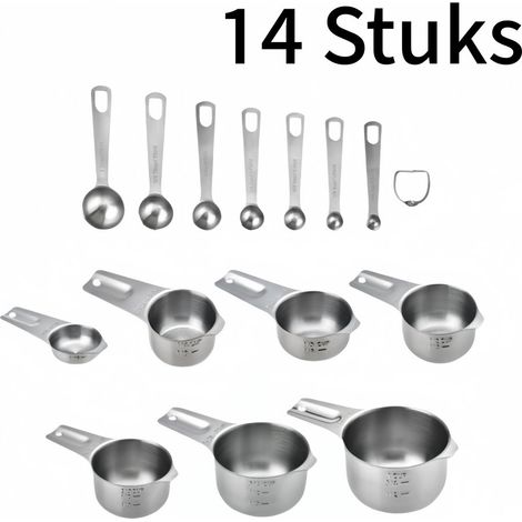 Ensemble de 14 tasses et cuillères doseuses en acier inoxydable avec graduations pour farine sucre pâtisserie et cuisine avec boîte de rangement (1/5)