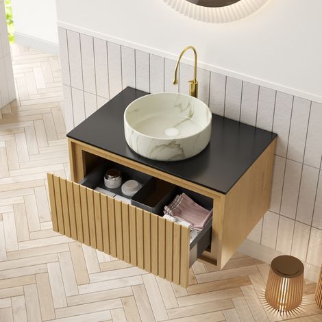 Mobile lavabo sospeso 76x48x53,1 cm in ceramica nero e rovere, cassetto salvaspazio – MEUBLIV (1/5)