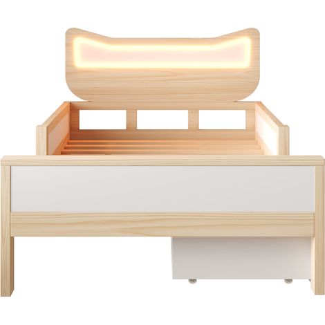 Cama infantil 90x200 cm con cabecero de gato LED RGB, cajón modular, barreras, blanco roble (1/5)