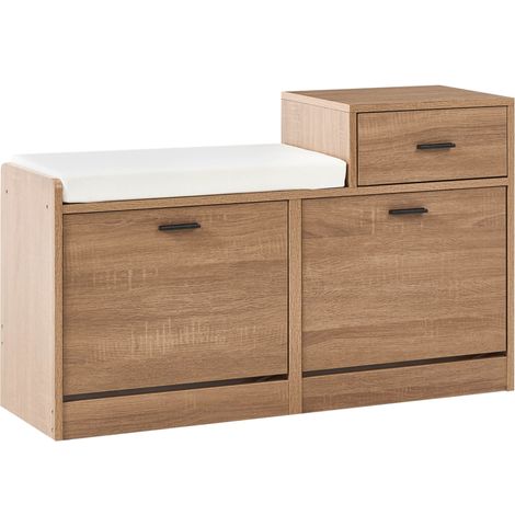 Beliani – Meuble à chaussures avec 2 compartiments et siège rembourré – Panneau de particules de bois – Style scandinave marron clair – Capacité 12 paires (1/5)