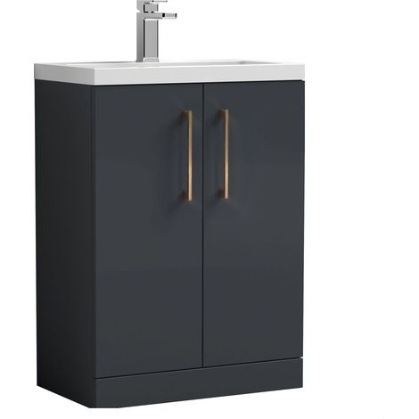 Balterley Bramshall Compact Bathroom Cloakroom Vanity Basin Unit with Polymarble Basin, Brushed Bronze Handles, 600mm, Satin Dark Grey (1/4)