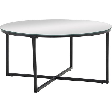 Table Basse LORIE Ronde Plateau Verre Trempé Miroir Structure Métal Noir D90x45cm (1/5)
