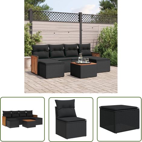 The Living Store Salon de jardin 7 pcs avec coussins noir résine tressée - Ensemble Salon De Jardin - Meuble Extérieur - Salon De Jardin Pliable - Set Salon De Jardin - Fauteuil De Jardin (1/5)