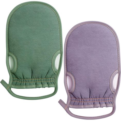 2 Pièces Gants Exfoliants Corps en Fibre Naturelle, Gant de Gommage pour Hammam et Spa, Gant de Douche pour Nettoyage en Profondeur et Élimination des Peaux Mortes, Violet + Vert (1/5)