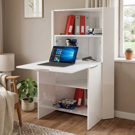 Dmora - Escritorio Ddorva, Mueble multiusos con estantes y encimera, Mesa de oficina multiusos, Escritorio multiposiciones ahorrador de espacio, 100% Made in Italy, cm 70x57h140, Blanco brillante (1/5)