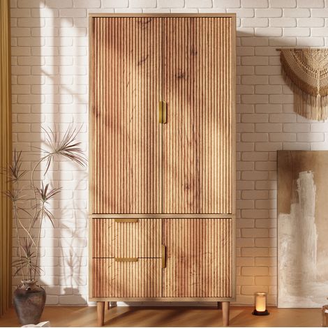 Armario de dormitorio 80x50x177 cm con barra para colgar, cajón y cierre suave, MDF y madera de roble (1/5)