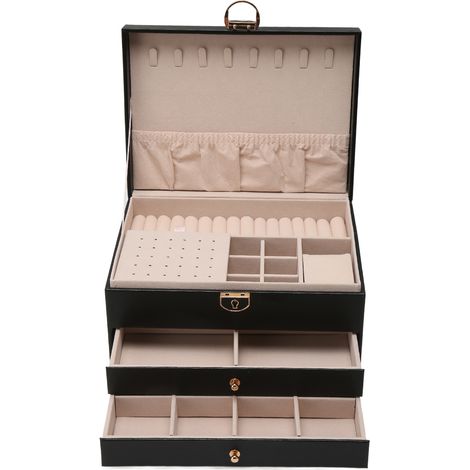Boîte à bijoux en cuir PU noir pour femme, avec 2 tiroirs, idéale pour ranger colliers et bracelets. (1/5)