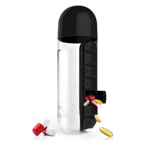 Bouteille d'eau de sport avec insert Organisateur de boîte quotidienne de 7 jours Verre à boire de qualité alimentaire de qualité médicale NOIR (1/4)